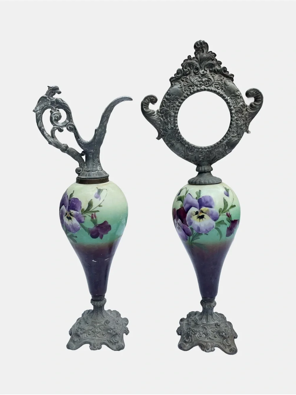 Antique‎ Victorian Ewers Pitcher Clock Holder Pair Gargoyles Handpainted Flowers